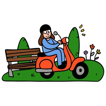 A moped with a bright red body is gently bumping into a wooden park bench. The bench has a rustic design, featuring slatted seating and armrests. A startled rider, a light-skinned young woman with big eyes and long brown hair, is sitting on the moped. She is wearing a black helmet and a blue jacket. Her expression shows surprise as she grips the handlebars tightly. The park in the background features green grass, a few scattered trees, and colorful flowers.