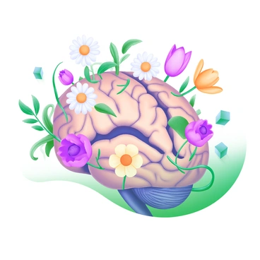A brain with flowers and plants blooming from its crevices