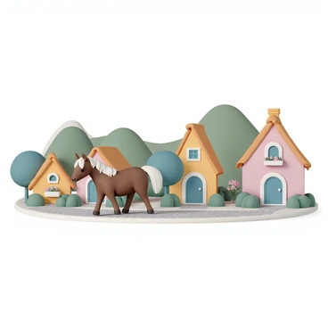 A small pony with a brown coat and a white mane is walking along a cobblestone path. Surrounding the pony are charming cottages with thatched roofs and colorful flower boxes beneath their windows. The cottages are painted in pastel colors, creating a warm and inviting atmosphere. Along the path, there are lush green bushes and blooming flowers, adding to the picturesque scene. In the background, gentle hills rise softly, completing the tranquil village setting.