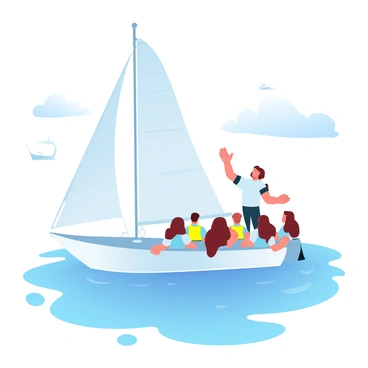 A sailing instructor is standing on the deck of a sailboat, demonstrating how to hoist the sails. In front of the instructor, a group of beginners, wearing life jackets in bright colors, is attentively observing. The scene is set on a sunny day with a clear blue sky and soft, fluffy clouds in the background. The water is calm, reflecting the sunlight, and gentle ripples are forming around the boat. The sailboat has white sails unfurled, catching the breeze, while other boats can be seen in the distance on the sparkling water.