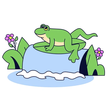 A green frog with bright eyes is surfing on a large, vibrant green leaf. The leaf is slightly curved, catching the water as it flows gently over a small waterfall. The water cascades down with smooth, clear droplets, creating a splash at the base. The surrounding environment includes lush greenery and a few colorful flowers peeking through the foliage, adding detail to the scene. The frog appears balanced and confident as it rides the leaf along the rushing water.