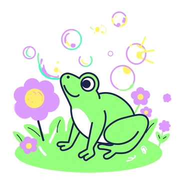 A frog with a green body is sitting on a small patch of grass in a backyard filled with various flowers. The flowers are vibrant and blooming, adding color and texture to the scene. The frog is blowing a series of iridescent soap bubbles that float gently in the air. The sun is shining brightly, casting soft shadows on the ground. The frog wears a playful expression, with its eyes wide and a small smile, as it watches the bubbles drift among the flowers.