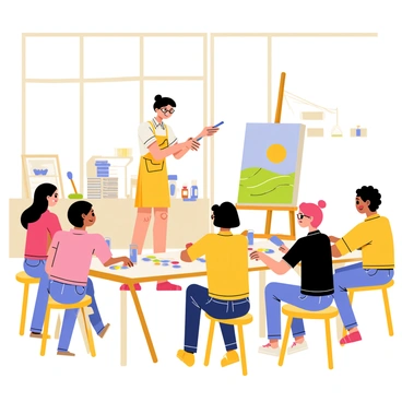 An art teacher stands at the front of a bright classroom, holding a paintbrush with colorful paint on it. The teacher is a middle-aged woman with glasses and an apron, displaying a variety of paint colors on a palette. In front of her is a large canvas propped up on an easel, showcasing an unfinished landscape. A small group of diverse students, varying in age and ethnicity, sits on stools, eagerly watching the demonstration. They each have their own set of paints and brushes on their laps, ready to practice the techniques being shown. The classroom is filled with art supplies, including jars of water, sponges, and sketchbooks scattered on tables.