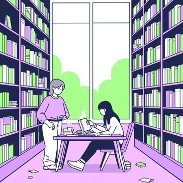 A spacious anime library filled with towering bookshelves that stretch towards the ceiling. The shelves are filled with colorful books neatly arranged. In the foreground, a character with long hair is sitting at a wooden table, deeply engaged in reading an open book, surrounded by scattered notes and a steaming cup of tea. Next to them, another character with glasses is standing and examining a book from the shelf, with a thoughtful expression. Sunlight streams in through large windows, casting soft shadows across the floor, enhancing the cozy atmosphere of the library.