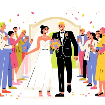 A cartoon-style illustration of a joyful wedding scene. Guests of various ages and ethnicities are smiling and throwing colorful flower petals and white rice into the air. The bride is wearing a flowing white wedding gown, adorned with intricate lace patterns, and she holds a bouquet of vibrant flowers. The groom is dressed in a classic black tuxedo with a bow tie. They are exiting a charming venue, with the sunlight illuminating the scene, creating a festive and cheerful atmosphere. The ground is scattered with flower petals and rice, enhancing the celebratory mood.