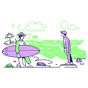 A surfer is standing on the sandy beach, holding a surfboard under one arm. The surfer has a relaxed posture, gazing out at the ocean waves. The sea in front of them features numerous waves crashing against the shore. The surfer is dressed in a wetsuit and sun hat, and the sun casts a warm glow over the scene. In the background, a few seagulls can be seen flying above the water, while beach umbrellas and towels are scattered along the sand. The sky is clear with wispy clouds.