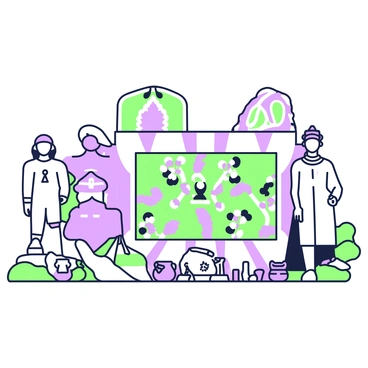 A historical depiction showcasing a variety of traditional art styles across different cultures. In the center, there are three distinct artworks representing different regions. The first artwork illustrates a classic statue with intricate details, showcasing form and design. The second piece is a colorful textile featuring geometric patterns and figures, highlighting cultural motifs. The third artwork displays a painted mural that incorporates natural elements and human figures. Surrounding these main pieces are small artifacts such as pottery and small sculptures, each reflecting the artistic traditions of their respective cultures.