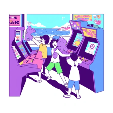 A group of children is standing at colorful arcade game machines on Santa Monica Pier. One child, wearing a blue cap, is excitedly holding a purple stuffed animal prize. Another child, with bright green shorts, is reaching for a yellow joystick. The background features vibrant posters and bright lights from the games, while the ocean is visible in the distance. The atmosphere is lively, and the children are smiling as they celebrate their winnings.