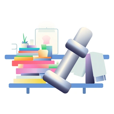 A shiny silver dumbbell serves as a bookend on a stylish living room shelf. The dumbbell is positioned vertically, supporting a stack of colorful books that feature vibrant covers. The shelf is made of dark wood, and it contains various decorative items, including a succulent plant in a small white pot and an elegant candle holder. A soft throw blanket drapes over one end of the shelf, complementing the modern decor. The background features a light-colored wall, enhancing the overall aesthetics of the living room space.
