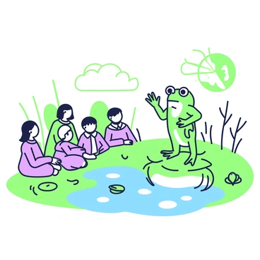 A frog is standing on a large lily pad, addressing a group of townspeople gathered around the edge of a tranquil pond. The townspeople, consisting of a mix of adults and children, are seated on the grass, listening attentively. The frog is animatedly gesturing with its front legs, conveying important messages. Around the pond, there are smaller lily pads and reeds, adding to the natural setting. The sun is shining brightly overhead, casting reflections on the water's surface. In the background, a few trees provide shade, enhancing the scene of the council meeting.