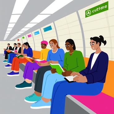 A crowded subway platform filled with passengers sitting on benches. Each passenger is focused intently on their own book or e-reader. The benches are made of metal and wood, with bright colored cushions. Several passengers have different types of books, including novels and magazines, while others have sleek e-readers with glowing screens. The platform has tiled walls adorned with colorful advertisements and signs. Overhead, fluorescent lights illuminate the scene, creating a lively atmosphere.