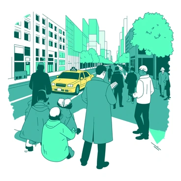 A teal street preacher stands in front of a small group of people, who are bowing their heads in prayer. The preacher is wearing a long coat and has an open Bible in his hands, while his expression shows deep conviction. Surrounding them, the bustling city sidewalk is filled with people walking by, some glancing at the group. There are tall buildings in the background and a few trees lining the street. A yellow taxi cab is passing by, adding to the urban scene. A soft light filters through the surrounding environment, highlighting the group’s focused moment amidst the city's activity.