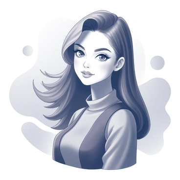 A portrait of a young woman with striking features. She has long, flowing hair styled elegantly around her face. Her eyes are large and expressive, capturing a sense of depth and emotion. The woman is wearing a fashionable outfit that highlights her personality. The background features soft shapes and abstract forms that add dimension to the scene. The overall composition draws attention to the woman's expression and presence.
