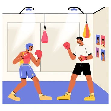 A young boxer sparring with a coach in a small neighborhood gym