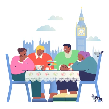 A whimsical scene of people having afternoon tea with Big Ben in the background