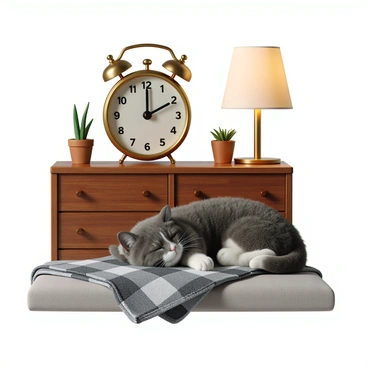 A vintage alarm clock with a round face and brass accents sits on a wooden bedside table. The clock's hands are pointing at 7:30, and it has a small bell on top. Next to the alarm clock, a fluffy gray cat with white paws is curled up peacefully, sleeping on a soft, patterned blanket. The bedside table is adorned with a small potted plant, adding a touch of greenery to the scene. A warm, inviting light from a nearby lamp creates a cozy atmosphere.