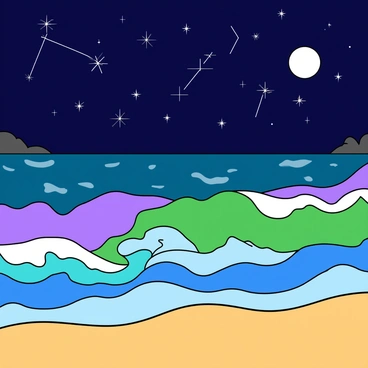 A vibrant scene of colorful waves crashing against a sandy shore. The waves display shades of blue, green, and purple, creating a dynamic and lively pattern. Above, the night sky is filled with twinkling stars, forming distinct constellations that sparkle brightly. The moon is visible, casting a soft glow over the water, enhancing the vibrant colors of the waves below. The overall atmosphere is filled with excitement and whimsy, as the elements combine harmoniously in this playful illustration.
