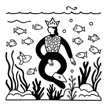 A sea king with a coral crown is positioned in the center of the image. His regal attire is decorated with intricate patterns resembling marine life. He is surrounded by multiple schools of fish swimming around him, creating a dynamic movement in the water. The scene is filled with various fish species, each distinct in shape and size, swimming in elegant formations. The ocean background features flowing seaweed and bubbles rising to the surface, enhancing the underwater atmosphere.