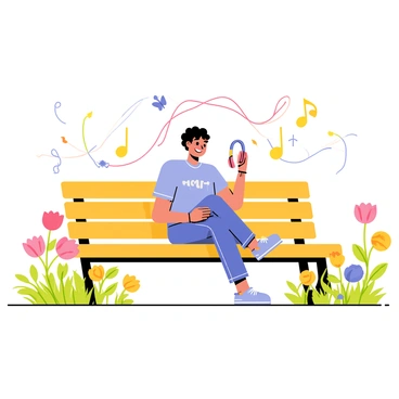 A character sitting on a wooden park bench surrounded by green grass and colorful flower beds. The character has a relaxed expression, wearing a light blue shirt and denim jeans. They are holding a set of headphones, with musical notes illustrated as vibrant colors floating around them. The floral scents are represented by soft, swirling lines that transform into different types of flowers, like roses, daisies, and sunflowers, blooming around the bench. A few butterflies flutter through the air, adding to the lively atmosphere of the park.