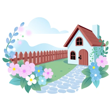 A quaint cottage garden is filled with a variety of mayflowers in full bloom, showcasing their vibrant colors. The flowers are arranged in clusters, creating a tapestry of delicate petals. In the background, a rustic wooden fence surrounds the garden, adding to its charm. A cobblestone pathway winds through the garden, leading to the entrance of the cottage. The cottage has a thatched roof and ivy climbing up its walls, blending harmoniously with the floral surroundings. Soft pastel colors dominate the scene, enhancing the tranquil atmosphere of the garden.