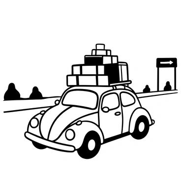 A VW Beetle filled with various pieces of luggage, such as suitcases and duffel bags, sits on a road. The car has a rounded shape, iconic headlights, and a distinct silhouette. The luggage is stacked neatly on the roof, secured with straps. There is a clearly visible road stretching into the distance, with a few trees lining the sides. A sign indicating a highway exit is partially visible in the background.