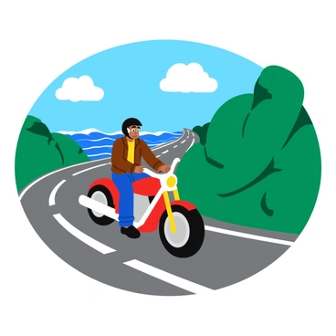 A biker wearing a leather jacket and a black helmet rides a shiny motorcycle along a winding coastal road. The road is bordered by lush green cliffs on one side and vibrant blue ocean waves crashing against the rocks on the other. The biker leans slightly forward, creating a sense of motion, while the sunlight glints off the chrome details of the motorcycle. Fluffy white clouds dot the bright blue sky above, adding to the lively atmosphere of the scene.