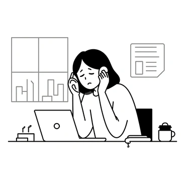 A person sitting at a wooden desk, leaning slightly forward with a frustrated expression on their face. They are holding a headset with both hands, and their eyebrows are furrowed. The desk is cluttered with papers, a pen holder, and a laptop open in front of them. A cup of coffee is placed to the side. The room has a simple background with a window showing the outline of a cityscape. The person's attire includes a casual shirt and they have shoulder-length hair.