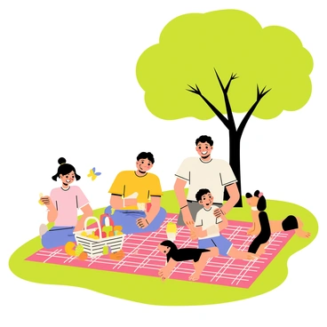 A family sitting on a red and white checkered picnic blanket spread out on the grass under a large, leafy green tree. The family consists of four members: a mother and father enjoying sandwiches, a young girl with pigtails giggling as she chases a butterfly, and a boy building a small tower with colorful plastic blocks. A picnic basket filled with fruits and drinks sits next to them, and a playful dog is running around nearby. The scene is bright and joyful, capturing a perfect day outdoors.