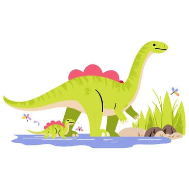 A spinosaurus with a long, elongated body and a distinctive sail on its back is standing near a tranquil riverbank. The spinosaurus has a green and brown color pattern with textured scales. Beside it, a smaller spinosaurus cub, featuring the same color pattern, is playfully splashing in the shallow water. The riverbank is lush with tall grasses and small bushes, with gentle ripples in the water reflecting the soft sunlight. A few colorful dragonflies are hovering around the scene, and small rocks are scattered along the edge of the river.