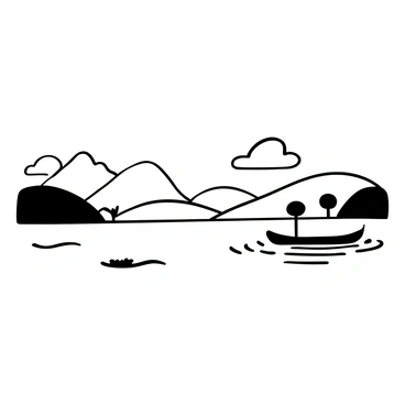 A serene river in the foreground, with smooth water reflecting the shapes of billowy clouds above. In the background, a single boat floats gently on the surface of the water, creating ripples that disturb the reflection. The landscape surrounding the river features soft hills and a few scattered trees, enhancing the tranquil atmosphere.