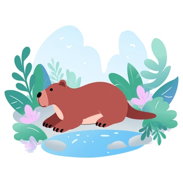 A capybara is lounging by a small stream, surrounded by vibrant green foliage and tropical plants in a lush rainforest. The stream is gently flowing, with sunlight filtering through the canopy above, creating dappled patterns on the ground. There are colorful flowers blooming nearby, adding to the rich environment. A few smooth stones are partially submerged in the water, and delicate ferns are growing along the bank. In the background, tall trees rise majestically, completing the serene scene.