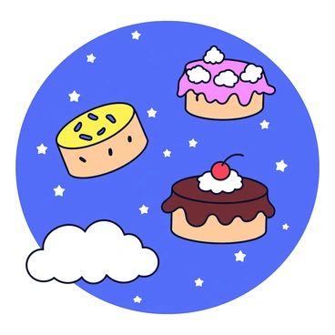 A starry night sky filled with small, twinkling stars. Floating in the sky are three colorful tortes, each with unique designs. One torte is decorated with bright yellow icing and blue sprinkles, another has a pastel pink glaze with white whipped cream on top, and the third is covered in rich chocolate frosting with a cherry on top. Below the tortes, a gentle cloud softly floats, enhancing the whimsical nature of the scene.