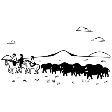 A group of nomads on horseback following a large herd of bison across vast open plains. The nomads wear traditional attire, with blankets draped over their horses, and they carry spears. The bison, with their distinctive robust bodies and shaggy fur, move together in a dense mass. The plains are dotted with patches of grass and small hills in the distance, while a few scattered clouds float in the sky above.