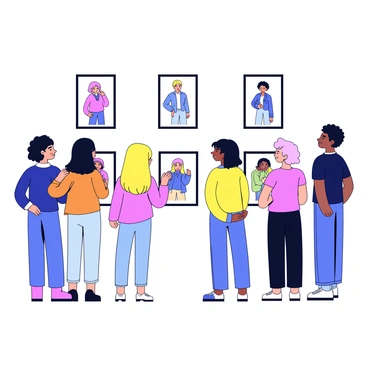 A gallery wall displaying multiple illustrations of "Nami," featuring her in different poses and outfits. Each illustration is framed in simple black frames. A small crowd of four people, including two women and two men, is gathered in front of the wall, looking attentively at the artwork. The crowd has a diverse appearance, and the women are wearing casual clothing. The overall ambiance suggests an art exhibition setting.