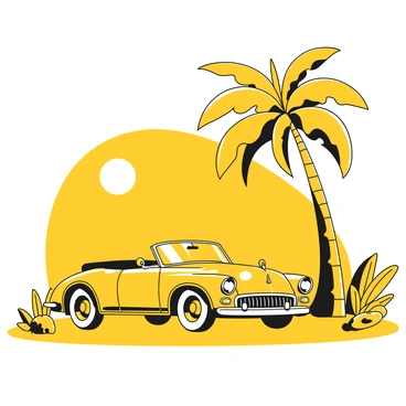A classic convertible car parked on a smooth paved road. The car has an elegant design with shiny chrome details and large white-walled tires. Beside the car stands a tall palm tree, its fronds gently swaying in the breeze. The sun is positioned in the sky, casting distinct shadows of the palm tree and the car on the ground. The area around the car features a few scattered tropical plants, creating a lively atmosphere.