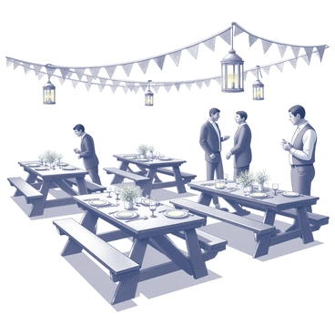 A rustic wedding reception set in a decorated venue. Wooden tables are arranged with simple centerpieces, featuring small floral arrangements in glass jars. "Pastel bunting" is draped elegantly overhead, creating a festive atmosphere. Each table has an assortment of vintage tableware and cloth napkins. Soft lighting is provided by hanging lanterns, casting warm shadows across the scene. Guests can be seen mingling, dressed in formal yet casual attire, enjoying the celebration.