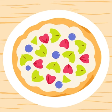 A whimsical vector illustration of a fruit pizza topped with colorful slices of kiwi, strawberries, and blueberries.