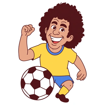 A duotone illustration features a caricature of "Maradona" with exaggerated features, such as a large head and an oversized smile. He is striking a playful pose, with one arm raised as if celebrating a goal. His hair is voluminous and distinctly styled, emphasizing his iconic look. The background includes a soccer ball, which is slightly larger than average, adding to the humor of the scene. The overall composition showcases his vibrant personality and love for the sport.