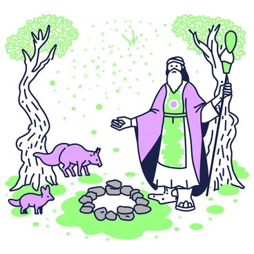 A Gaulois druid is standing in a mystical woodland. He is wearing a flowing robe adorned with natural patterns and symbols. His hair is long and unkempt, and he has a long beard. In one hand, he holds a staff topped with a green gemstone, while his other hand reaches towards a circle of stones covered in moss, arranged in a sacred formation on the ground. Surrounding him are ancient trees with twisted branches, and soft rays of light filter through the leaves above. Small woodland creatures, such as a fox and a rabbit, observe the ceremony from a distance. The air is filled with faint, shimmering particles, suggesting an enchanted atmosphere.