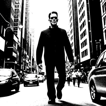 Frankenstein's monster, a large figure with a flat head and heavy brow, is wandering through a bustling modern city. He has visible stitches and scars across his greenish skin. His broad shoulders and towering height make him stand out among the crowd of small pedestrians. Tall buildings surround him, with large windows reflecting the sunlight. Cars are rushing past on the busy street, and people are going about their daily lives, some looking curiously at the monster. Streetlights illuminate the scene, and a mix of colorful advertisements adorns the sides of buildings. A sense of movement and activity fills the atmosphere as the monster takes slow, deliberate steps.