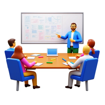 A group of four people sitting around a rectangular table. Each person is engaged in discussion, with one person standing and pointing at a large sheet of paper covered in "bilan sketches." The sketches depict various charts and diagrams, showcasing ideas and strategies. The table is cluttered with colorful markers, notepads, and a laptop. The room has bright lighting, and a whiteboard in the background is filled with more notes and drawings. Each person has distinct features, with one wearing glasses, another with short hair, and a third with long hair tied back.