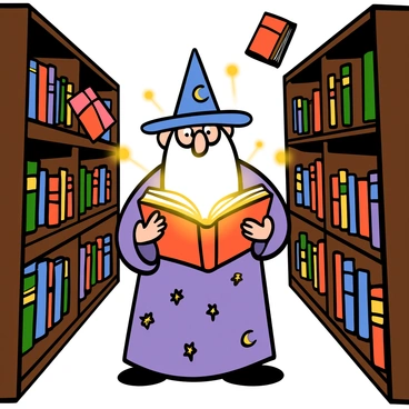 A 3D cartoon wizard with a long white beard and a pointed blue hat is standing in a mystical library. He is holding a glowing book open in his hands, with bright light emanating from its pages. The wizard is wearing a purple robe adorned with stars and moons. Around him, several books are floating in mid-air, seemingly suspended by magic. The library is filled with tall wooden shelves lined with ancient tomes, and a warm golden light fills the room, creating an enchanting atmosphere.