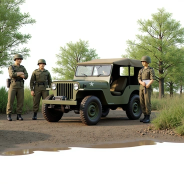 A vintage military jeep with a green exterior and a canvas top is parked on a muddy trail. The jeep has a star insignia on its hood and is equipped with a front-mounted winch. Nearby, two soldiers in olive-drab uniforms are standing. One soldier is leaning against the jeep with his arms crossed, while the other is checking a map. Trees and underbrush surround the trail, indicating a rural setting. The ground is wet and muddy, showing signs of recent rain.