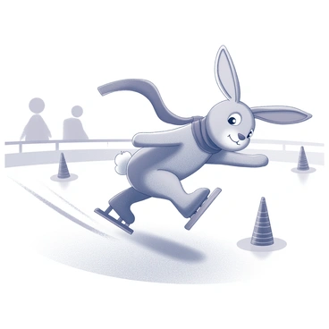 A rabbit wearing a scarf is skating on an ice rink. The rabbit is positioned with its body low to the ice, creating a dynamic sense of movement as it zooms around with excitement. Its ears are flopping in the wind, and the scarf trails behind it, emphasizing the speed. The surface of the ice reflects the rabbit's figure, showing the skidding motion as it glides effortlessly. The surrounding area features ice skating cones and a few spectators watching in the background.