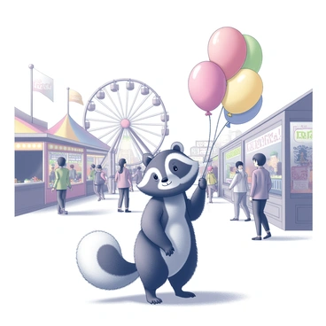 A skunk standing on its hind legs at a busy fairground. The skunk is holding a bundle of colorful balloons, each tied with a string. The fairground is filled with people walking around, some stopping to look at the skunk and the balloons. There are various rides in the background, including a large ferris wheel and a carousel. Stalls with banners and vibrant decorations line the area, enhancing the lively atmosphere of the fairground. The skunk has a cheerful expression, clearly enjoying its role as a balloon seller.