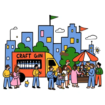 A stylish truck with a sleek design and vibrant colors, prominently displaying "Craft Gin" on its side, is parked next to a bustling city food market. The truck has large windows showcasing various bottles of gin and garnishes, surrounded by greenery. A crowd of diverse people is gathered around the truck, some holding drinks and chatting, while others are perusing nearby food stalls. Bright market umbrellas and colorful food displays create a lively atmosphere. The background features tall city buildings and banners fluttering in the breeze, adding to the urban vibe.