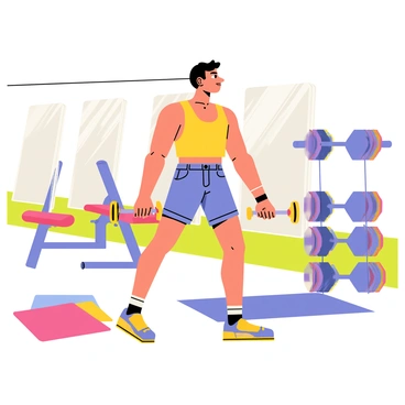 A person with a muscular build is performing the "dumbbell bent over row" exercise in a retro 1980s gym. The individual has short, styled hair and is wearing a bright, colorful tank top and high-waisted shorts. The gym features vintage equipment, including a "vintage weight bench" in the background and "old-school dumbbells" on a rack. There are large mirrors on the walls, and neon-colored gym mats on the floor. The lighting is bright, highlighting the vibrant hues of the gym's decor.