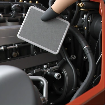 A close-up view of a truck engine with a visible air filter being removed. The air filter is rectangular and has a textured surface, surrounded by metal components of the engine. A mechanic's gloved hands are grasping the air filter, ensuring a firm grip. The engine has various hoses and wires running alongside it, showcasing the complexity of the machinery. The background is slightly blurred, focusing attention on the action of changing the air filter.