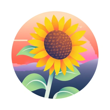 A bold tattoo of a large sunflower is displayed prominently in the foreground. The sunflower has vibrant yellow petals with detailed textures and a rich brown center, showcasing intricate patterns resembling scientific illustrations. In the background, a sunset sky is filled with blending hues of orange, pink, and purple, creating a gradient effect. The colors transition softly, enhancing the contrast between the tattoo and the sunset backdrop. Subtle silhouettes of distant hills are visible, adding depth to the scene.