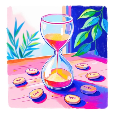 An hourglass is positioned upright on a wooden table. The glass is clear and filled with fine golden sand. The top half of the hourglass is nearly empty, while the bottom half is gradually filling up with sand. Light reflects off the glass, creating soft highlights. Surrounding the hourglass, there are scattered small stones, each inscribed with the word "love," a subtle reminder of healing. In the background, a blurred image of green leaves can be seen, suggesting growth and renewal.